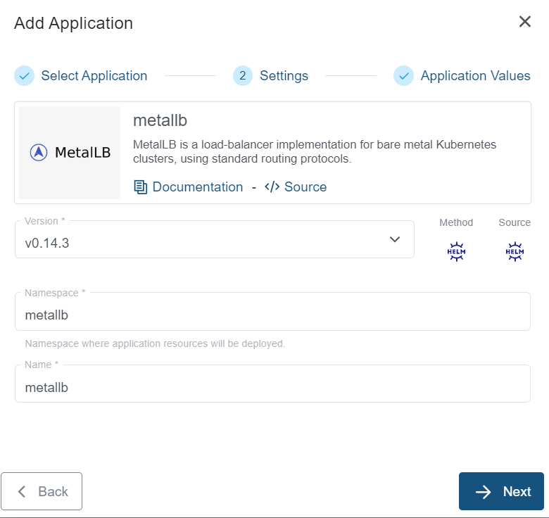 Settings for MetalLB Application